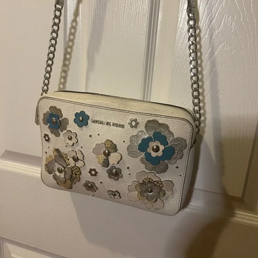 Michael Kors leather off White Floral  appliqué Crossbody Bag.